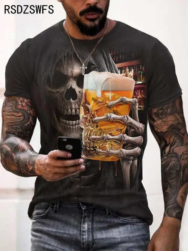 New zombie pattern men\'s T-shirt, 3D printed summer breathable top, oversized casual personality skull T-shirt for men.