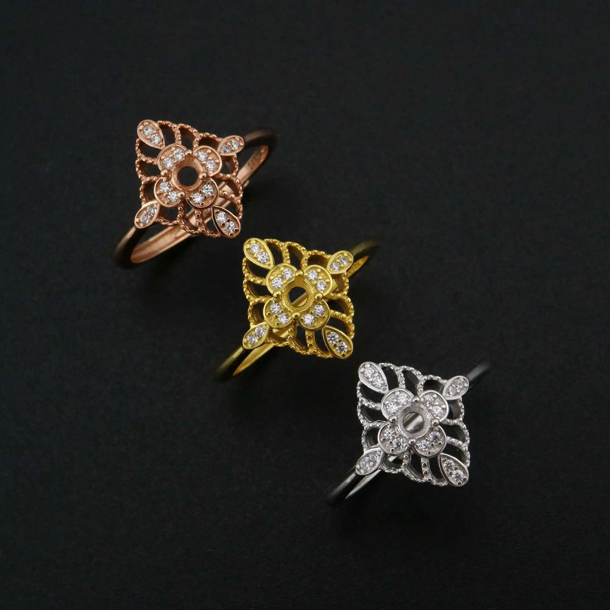 3MM Round Prong Ring Settings  Vintage Style Solid 925 Sterling Silver Rose Gold Plated DIY Set Size Adjustable Ring 1210098 image 2