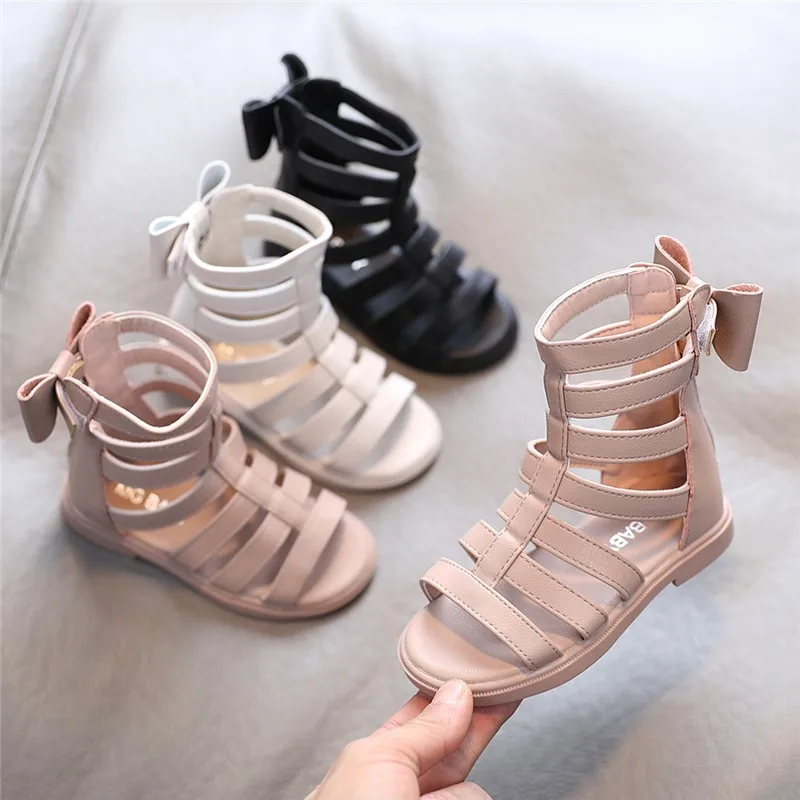 Girls Sandals 2024 Summer Kids Gladiator Sandals Boots Back Bow Roma Shoes Narrow Band Princess Shoes For Child Baby Black Begie