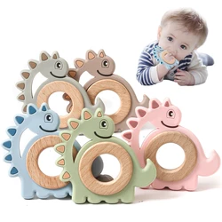 1Pc Baby Silicone Beech Wood Teether Rattle Cute Dinosaur Shape Teething Toys Food Grade Infant Chewable Nursing Pendant Gifts