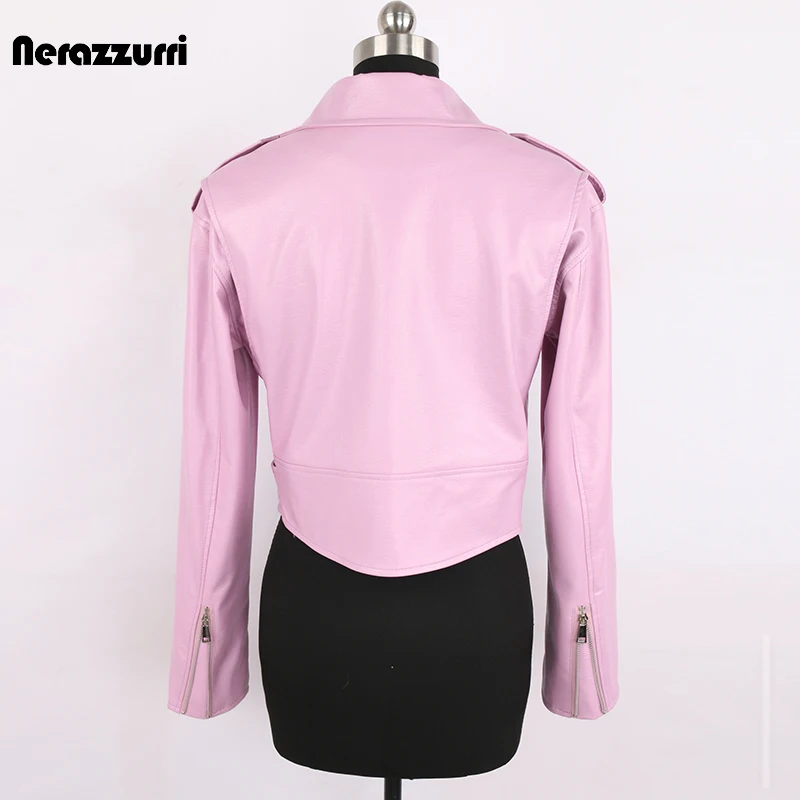 Nerazzurri Spring Autumn Short Green Pink Stylish Faux Leather Biker Jacket Women Zipper Long Sleeve Fashion 2022 5xl 6xl 7xl