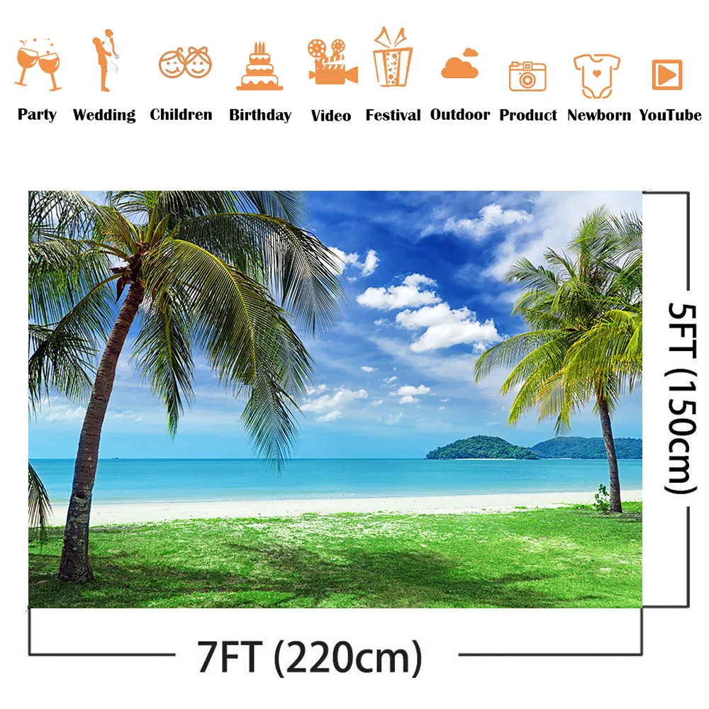 Sandy beach backdrop for photography palm tree summer holiday blue sky and sea background for photo studio islands children