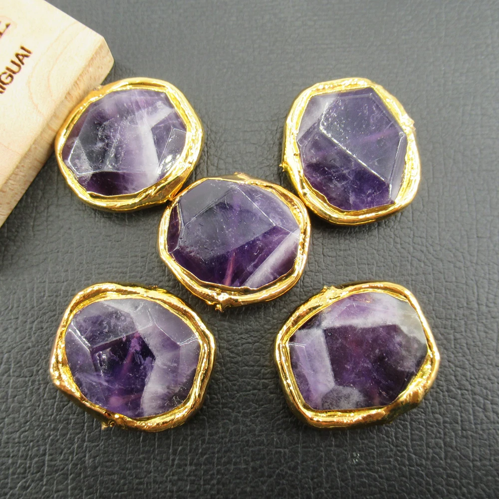 APDGG Wholesale 5PCS Natural Purple Amethyst Rectangle Beads Gold plated Edge connector Spacer Bead for Making Jewelry DIY