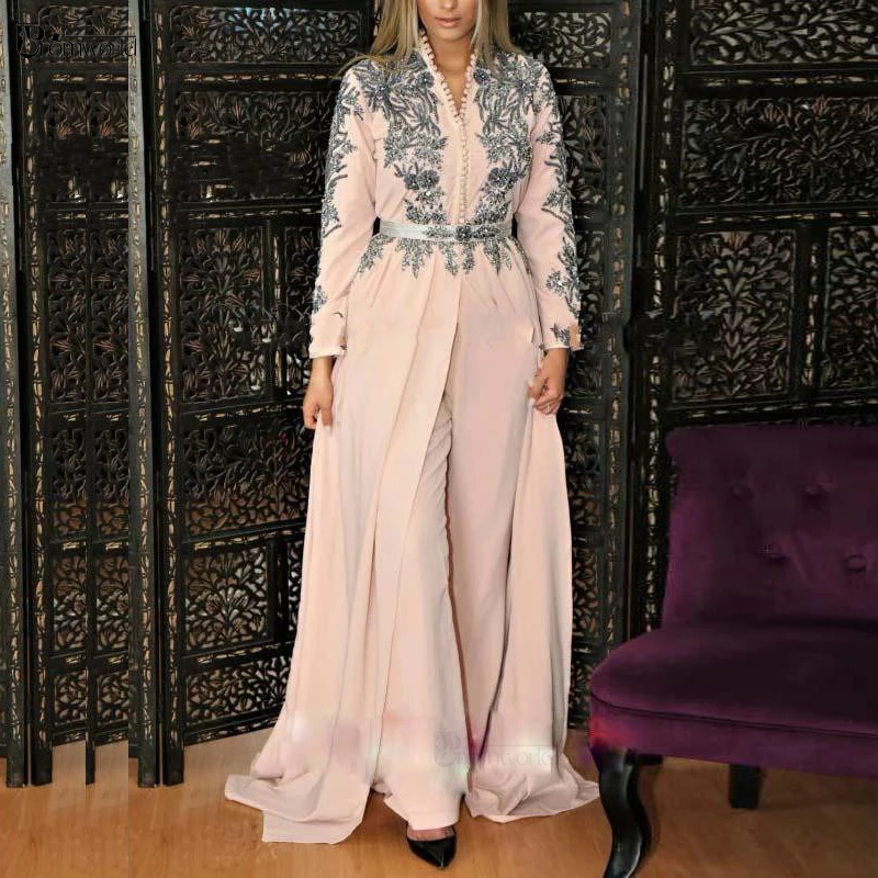 Blush Pink Moroccan Kaftan Evening Dresses Pants Appliques Prom Algerian Celebrity Robe De Soiree Wedding Party Formal Dress