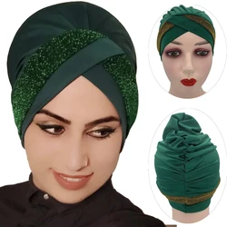 Glitter Forehead Cross Muslim Women Underscarf Bonnet Stretchy Inner Hijab Cap Islamic Female Under Hijab Caps Headband Turban