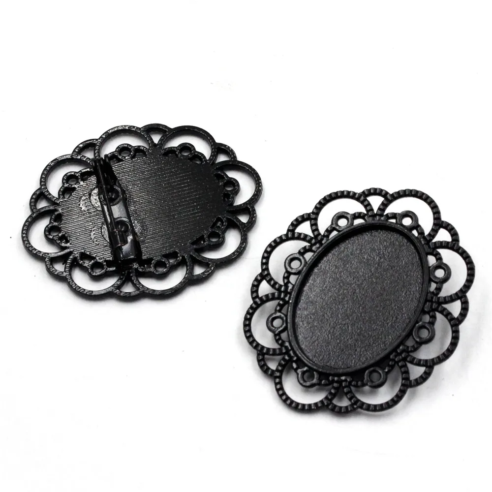 Fit 18x25mm Vintage Oval Cabochons Pattern Glass Black Blank Setting Bezel Base Brooch Settings For DIY Making 5pcs K06235