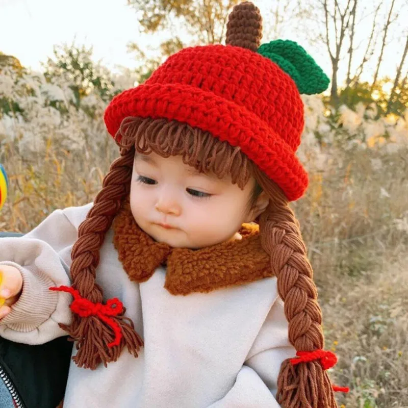 Cute Apple Shape Baby Girl Bucket Hat Hair Pigtail Braid Wig Cap Winter Warm Knitted Children Kids Girls Hats Caps Accessories