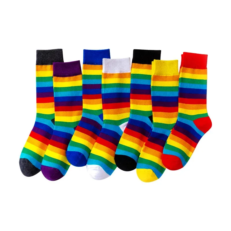 1 Pair New Arrival Cotton Elasticity Sweat Women Long Sock Candy Colors Rainbow Striped Sporty Meias Retro Harajuku Casual Socks