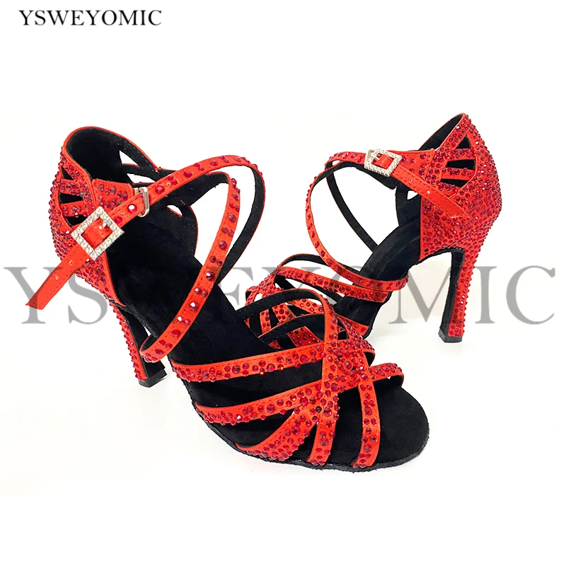 Zapatos de baile de tacón alto para mujer, calzado de satén con cristal, Color rojo, azul, verde, personalizado, Salsa latina, interior, 10cm