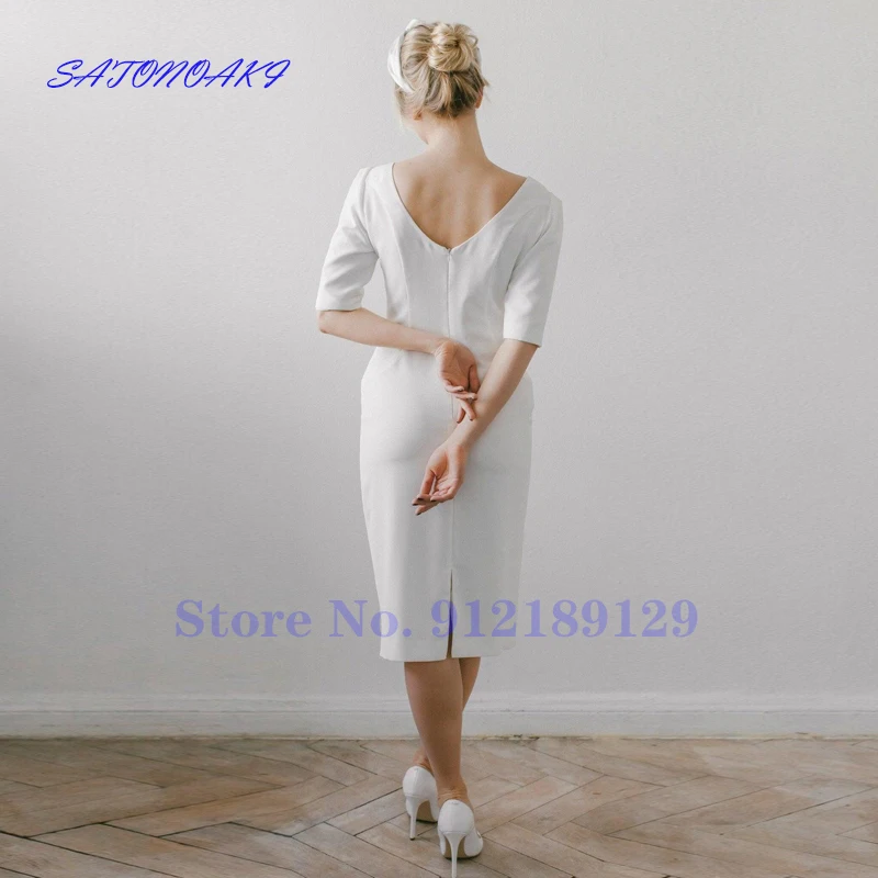 Vestidos De Novia New Modest Sheath Short Wedding Dresses Half Sleeves Tea Length High Quality Simple Informal Bride Gown France