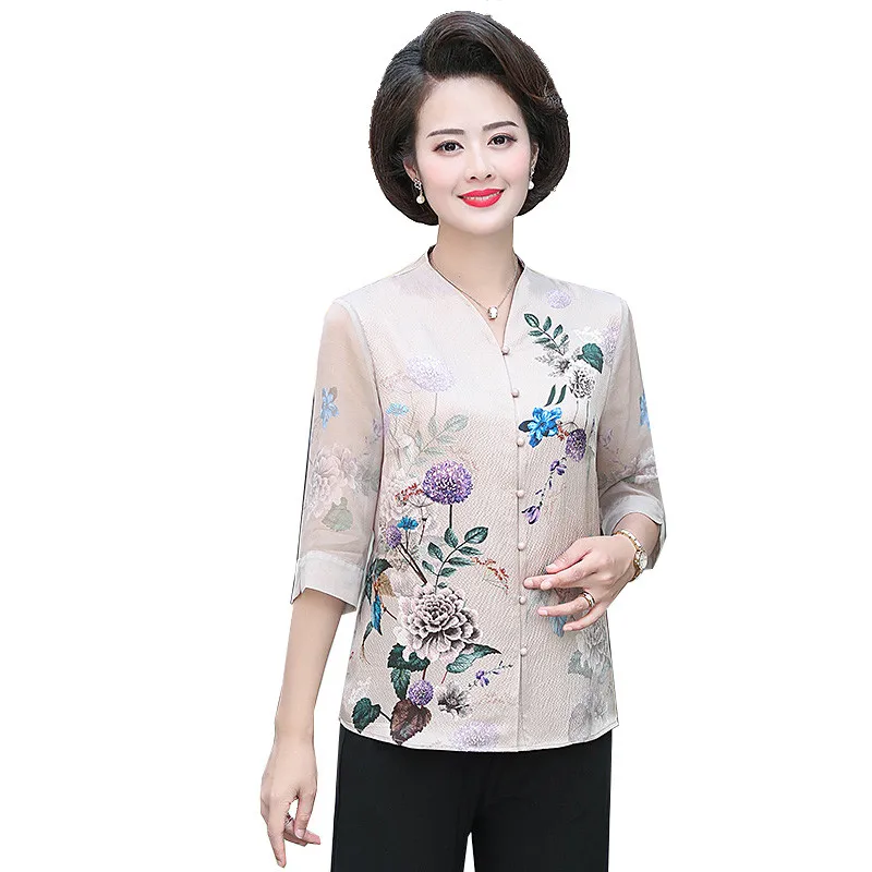 

Middle-aged Mother Shirts Spring Summer Chiffon Silk Women Blouse V-neck Blusa Feminina Cardigan Tops Feminina Y69