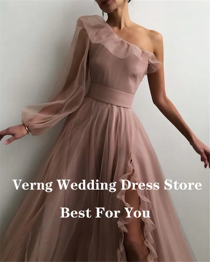 Verngo Elegant Dusty Pink Tulle Long Prom Dresses One Shoulder Sleeve Ruffles A Line Evening Gowns Women Special Occasion Dress