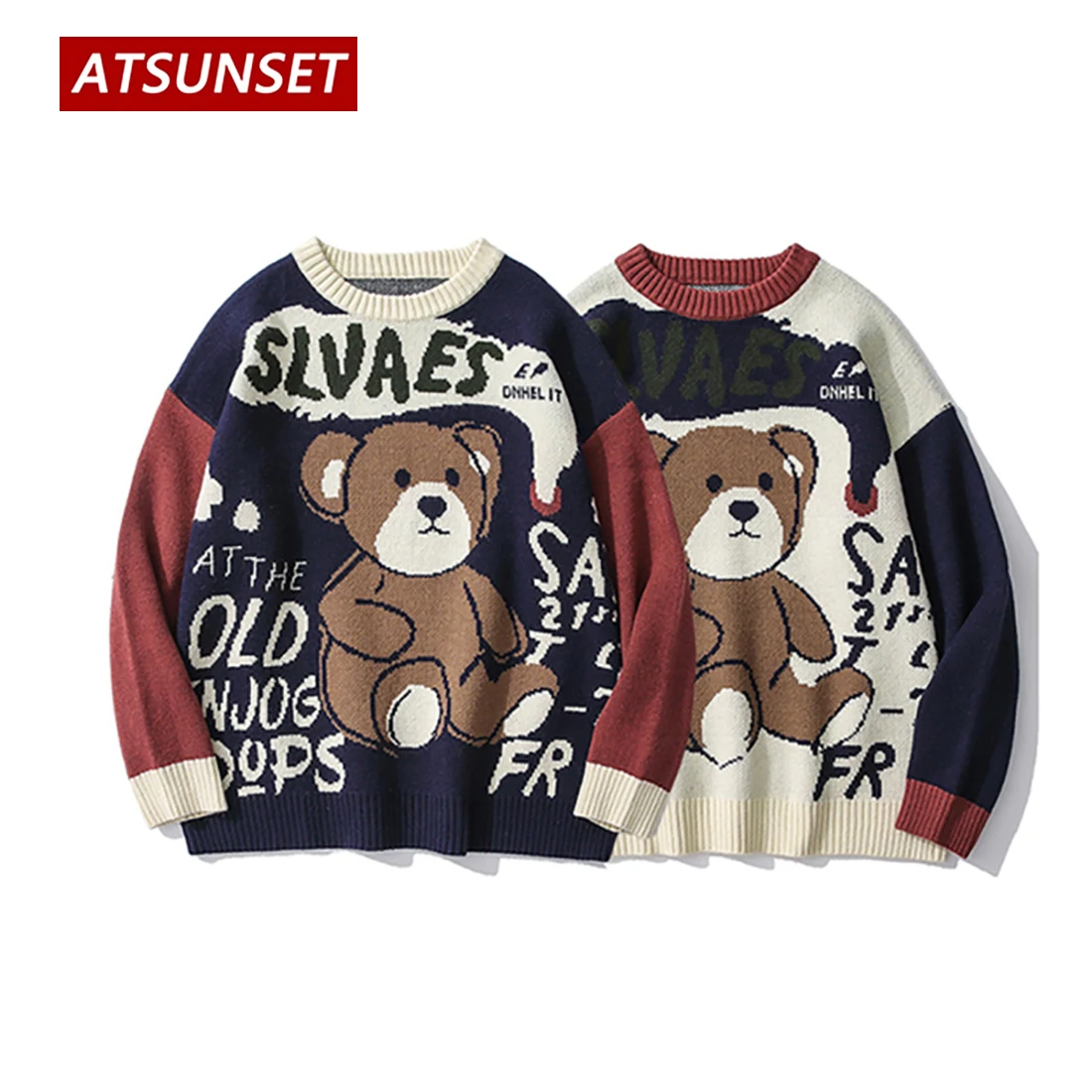 ATSUNSET Cartoon Brown Bear Knitted Wool Autumn And Winter Harajuku Japanese And Korean Pullover Daily Streetwear Top