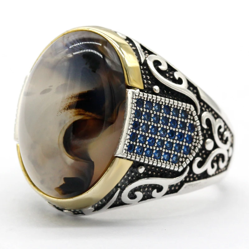 

New authentic sterling silver antique Turkish blue zircon ring and agate stone men's colorful punk rock jewelry