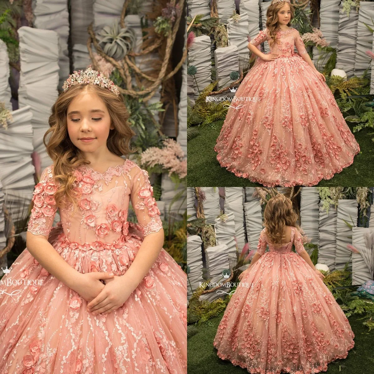 Long Sleeve Flower Girl Dresses For Wedding Floral Lace Pink 2021 New Toddler Girls Pageant Dress Kids Formal Wear Prom