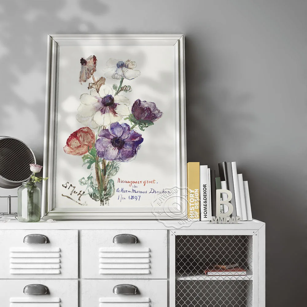 Nieuwjaarsgroet مع Anemonen المشارك ، Sientje Mesdag-Van Houten زهرة ورقة الفن قماش اللوحة ، بهو النبات جدار ديكور فني للمنزل