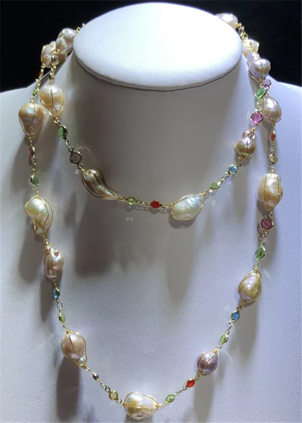 

HABITOO Natural 14-16mm white Baroque Freshwater Pearl Mixed Color CZ Pave Long Chain Necklace 40inches Statement Jewelry Gifts