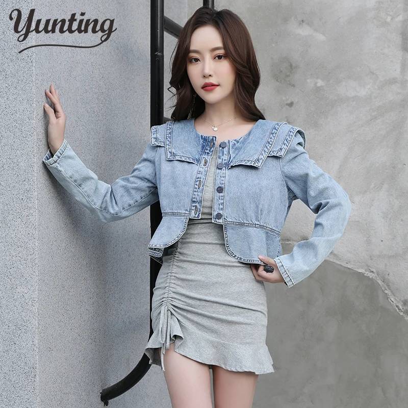 

2021 Autumn Denim Jacket Women Casual Ruffle Tops Winter Long Sleeve Single Breasted Vintage Jean Coat Streetwear