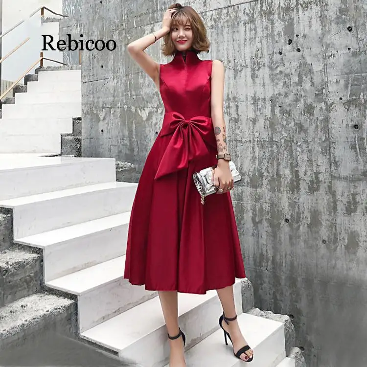 Retro Dress For Women Sexy Sleeveless Stand Collar Bow Elegant Midi Dress Party Club Night Dress vestidos vintage