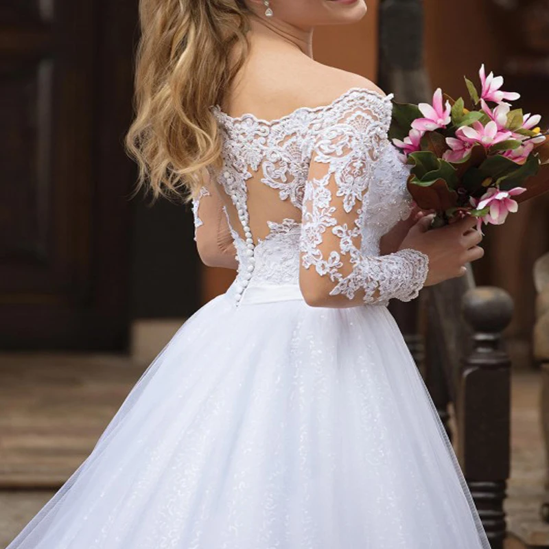 Sexy Off the Shoulder Wedding Dresses Tulle Appliques Long Sleeve Custom Made Puffy Bridal Gown Plus Size White Bride Dress