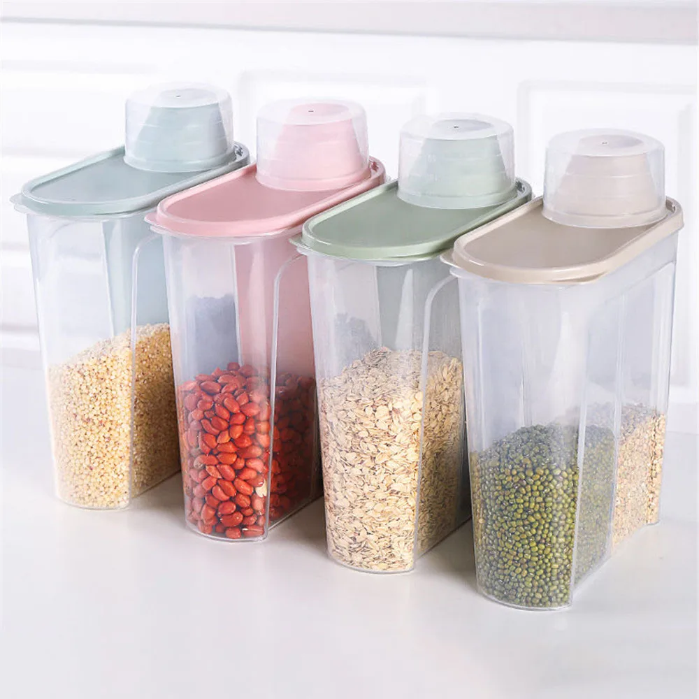 Food Storage Box Plastic Clear Dry  Container with  Bottles Jars Pour Lids 2.5L Kitchen Cereal Rice Beans mason jar