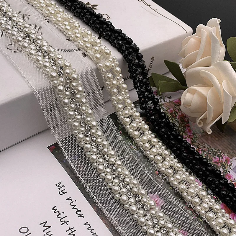 5.8Yards/Piece White Pearl Beads Trim Rhinestone Tape Decoration Lace Ribbon Crystal Appliques for Clothes Shoes Making