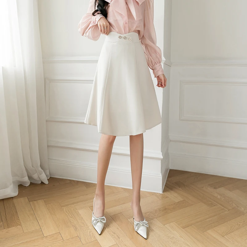 REALEFT 2021 New Elegant Women's A-Line Skater Skirts High Waist Solid Buttons Office Ladies Casual Midi Skirts Spring Autumn