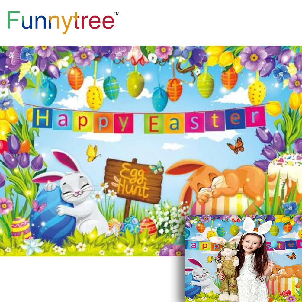 

Funnytree Easter Decor Holiday Party Backdrop Colourful Banner Bunny Spring Green Baby Shower Eggs Cartoon Photocall Background