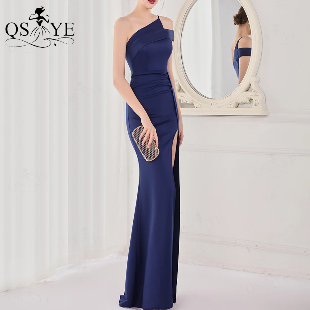 Vestidos de baile de um ombro para mulheres, vestido de cetim elástico dividido, azul escuro, elegante vestido sereia, dama de honra