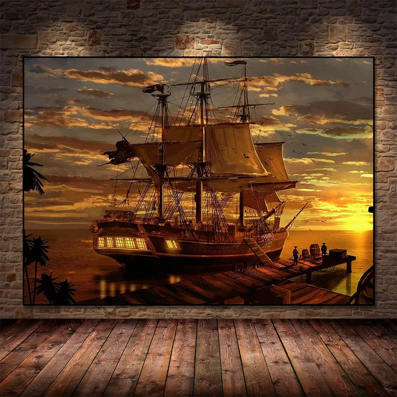 Sunset Fantasy Pirate Ship Art Film Abstract Canvas Painting Poster Prints Wall Art Picture for Living Room Home Decor Cuadros