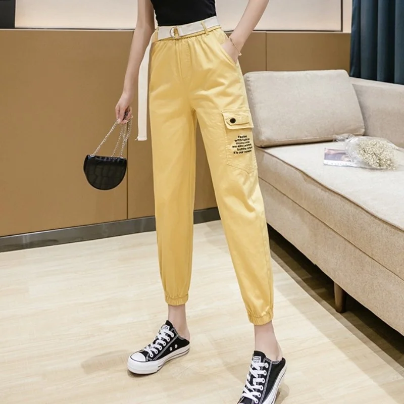 Loose Summer Cargo Pants Women Street Sashes Hip Hop Casual Harem Pants Black Sweatpants Multi-pocket College Ankle-Length Pants