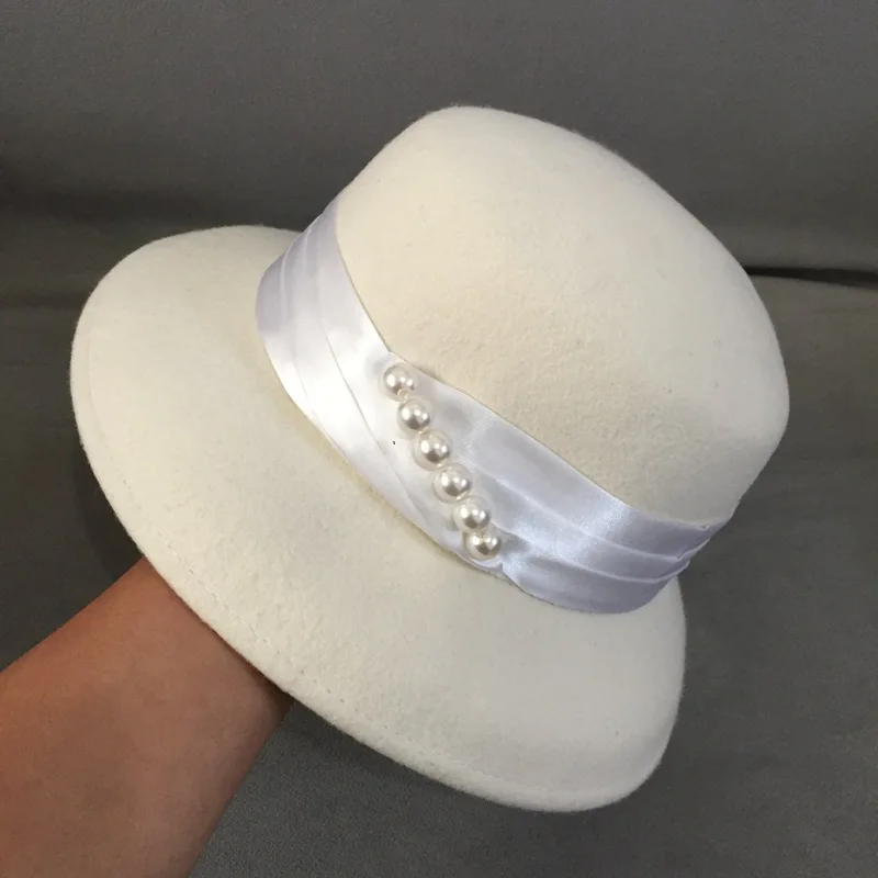 

1920s Vintage Style Warm Women Winter Hat Pearls Band Ivory Wool Felt Cloche Bowler Hat Crushable Lady Wedding Church Fedora Hat