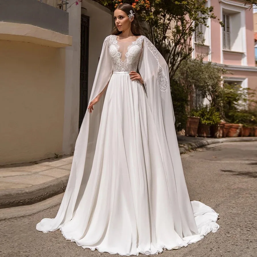 Abiti da sposa in Chiffon a trapezio con mantella 2021 scollo a barchetta Appliques in pizzo pieghettato Sweep Train Backless abito da sposa civile cintura