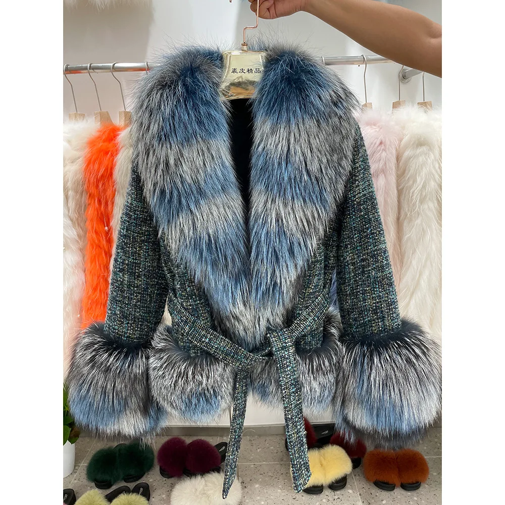 ZDFURS* 2021 Silver Fox Fur Collar Whole Leather Fur Coat for Women 2021 New Woolen Coat Houndstooth Woolen Coat Short