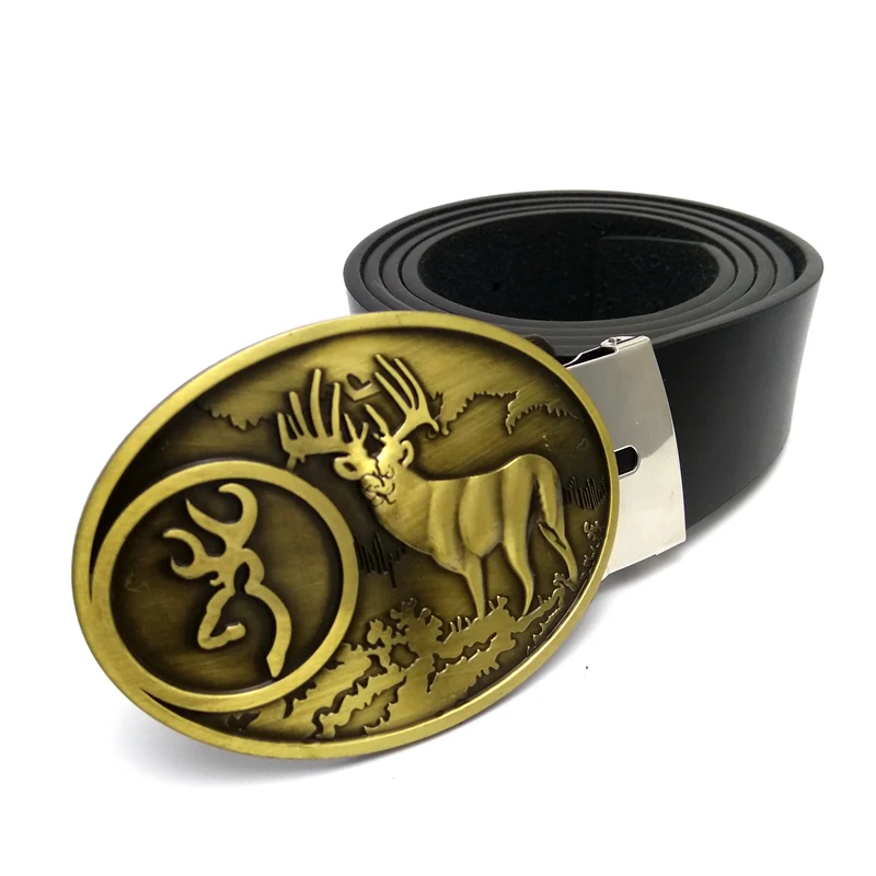 

Fashion Male Belt with Western Buck Hunter Deer Rodeo Bowhunting Elk Belt Buckle Metal Cowboy Black Faux Leather Belts for Men