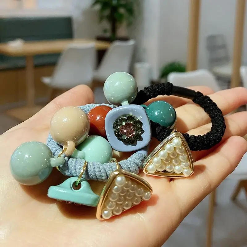 New Korean Dongdaemun Candy Color Round Bead Ball Hair Tie Rubber Band Triangle Pearl Ladies Simple Hair Rope Head Rope