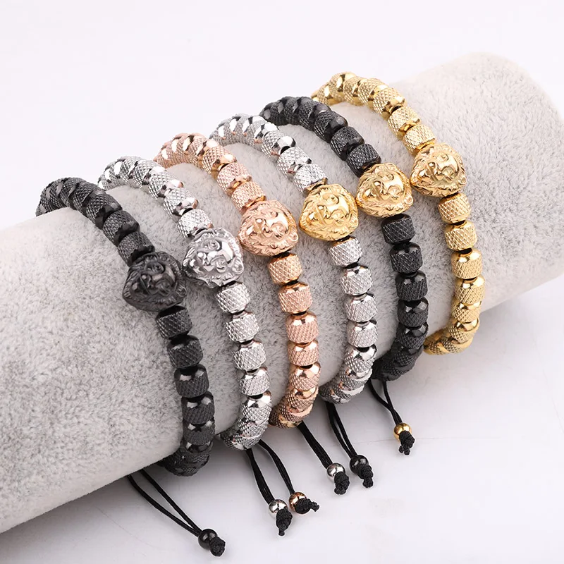 

New Design High Quality Stainless Steel Lion Charm Friendship Custom Macrame Adjustable Beads Bracelet For Men