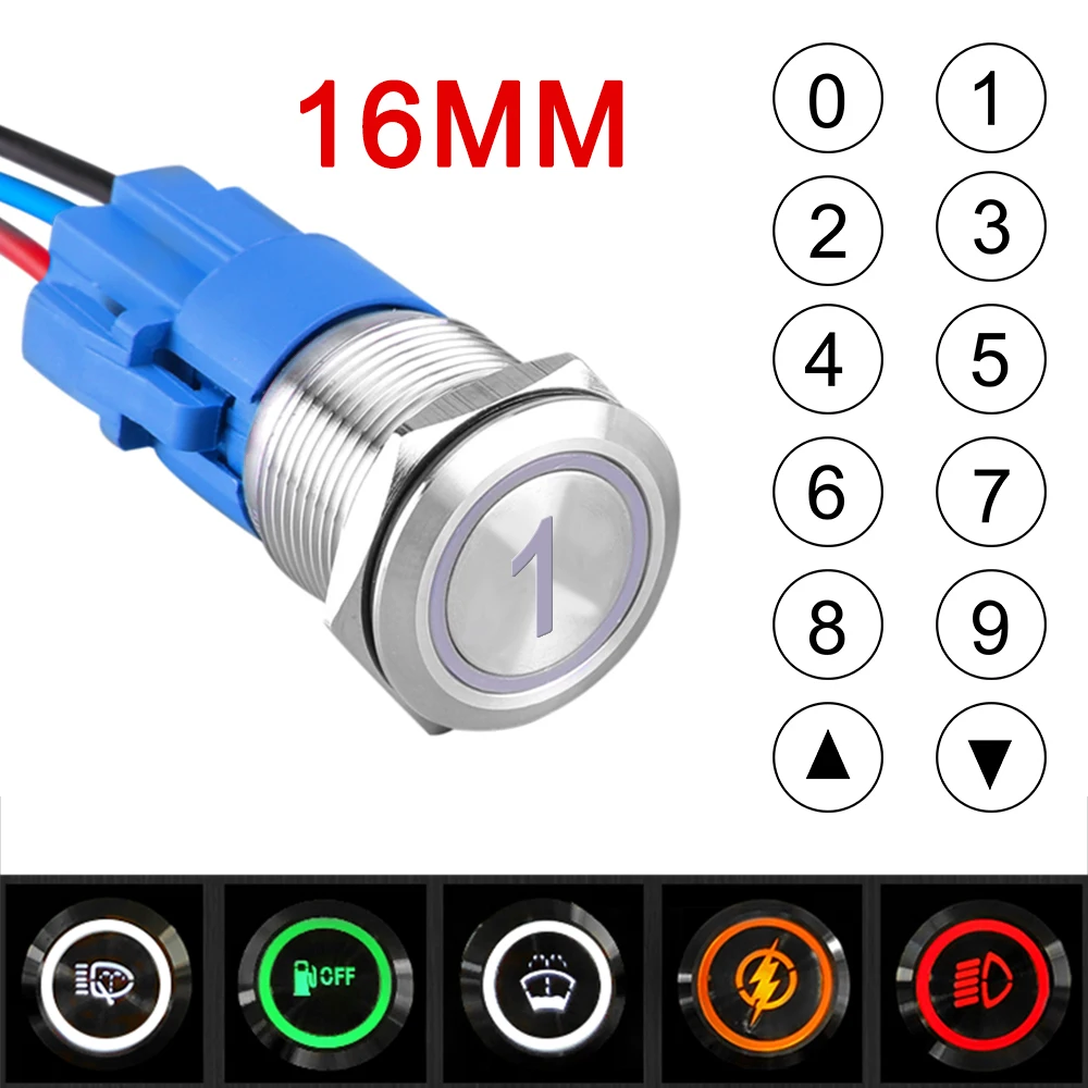 16mm Laser Customize Metal Push Button Switch For LED Light Waterproof Refitting Switch Number Symbol ON OFF 12V 24V