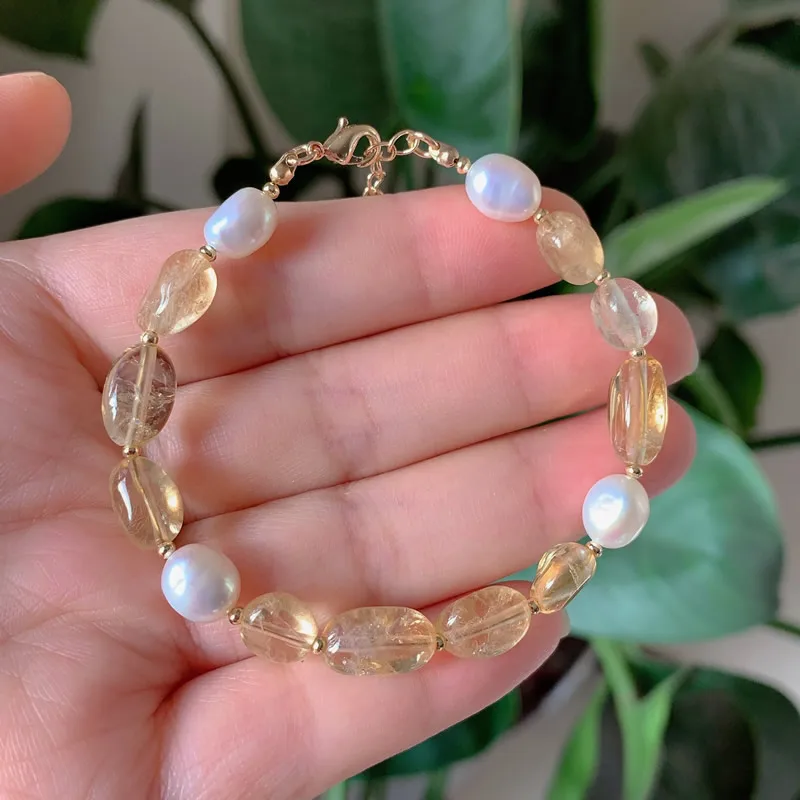 Rock Crystal Mineral Stone Strand Bracelet Baroque Freshwater Pearl Charm Natural Citrines Yellow Quartz Bracelet for Women Girl