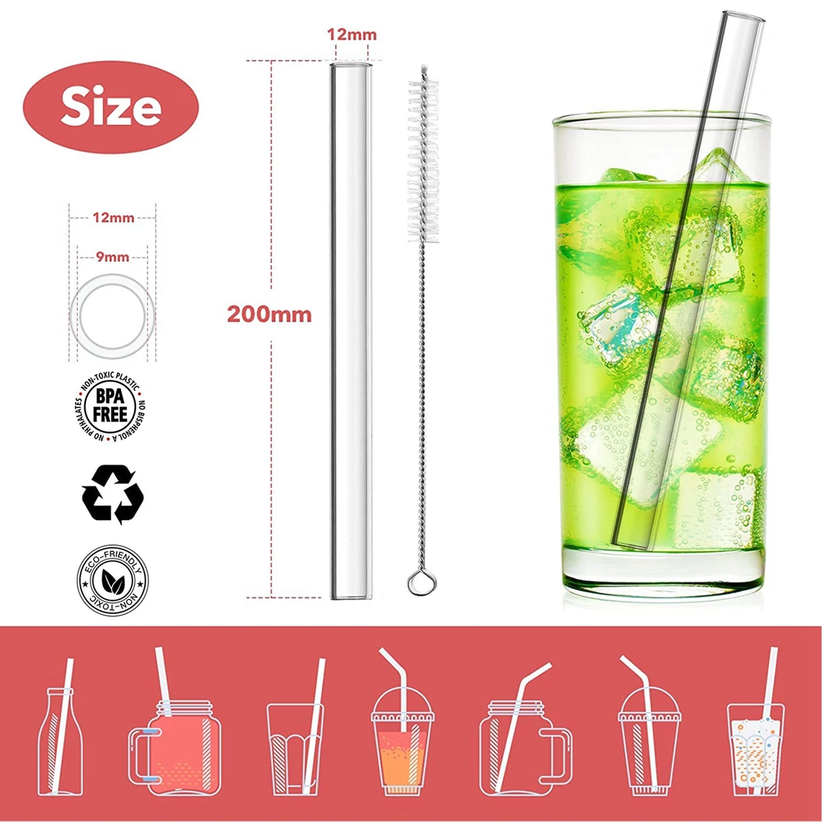 1Pc Reusable Glass Boba Bubble Tea Straws Glass Drinking Straws Colorful 12mm Wide Smoothie Milkshake Straw with Cleaning Brush