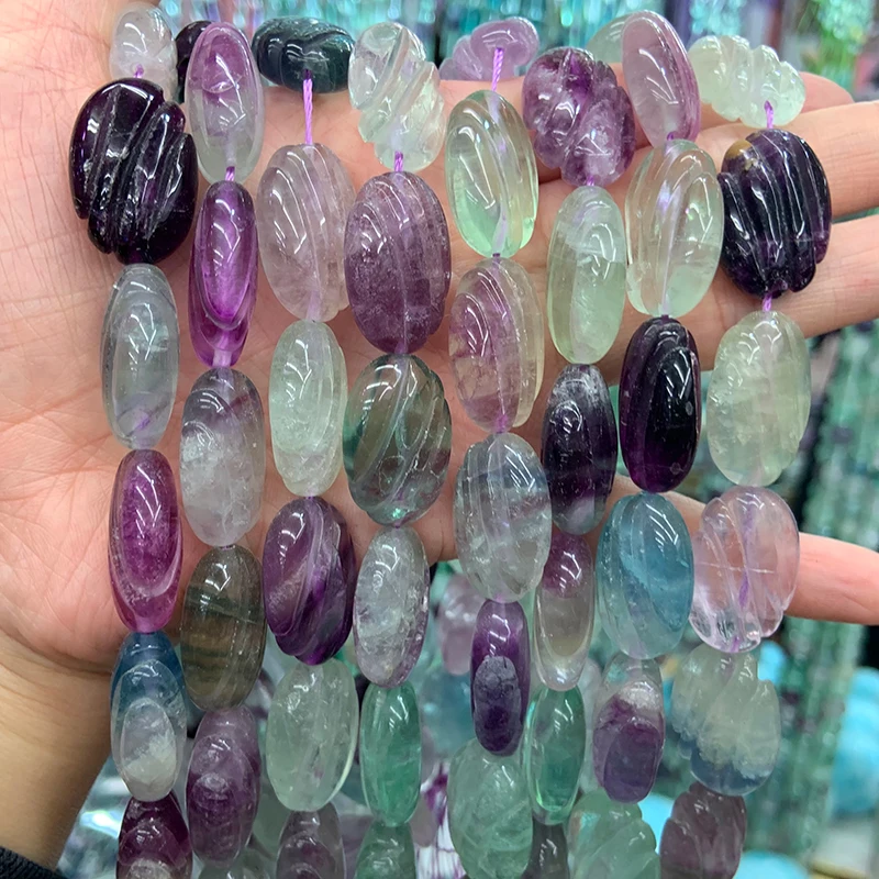 16x22mm Natural Fluorite Stone Beads 15\'\' Carved Oval DIY Loose Beads For Jewelry Making Women Beads Bracelet Necklace Gift