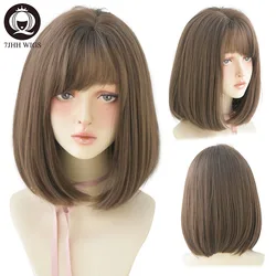 7JHH WIGS Omber Brown Wigs With Side Bangs For Girl Bob Straight Hair Fashion Noble Heat Resistant Synthetic Wigs Women