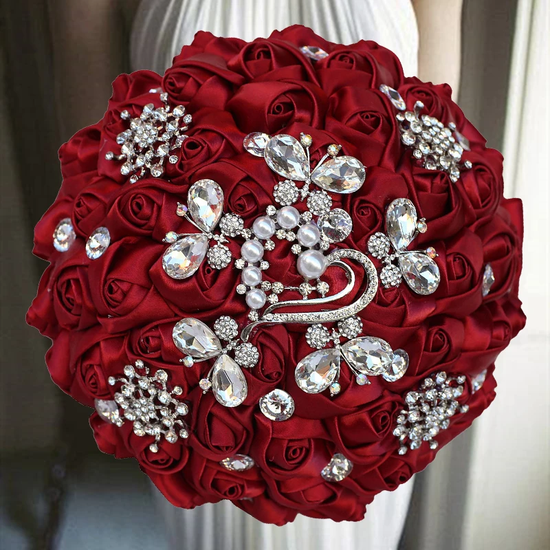 

1pc/lot Burgundy Red Wedding Bouquet Silver Diamond Pearl Decoration Bridal Wedding Bouquet