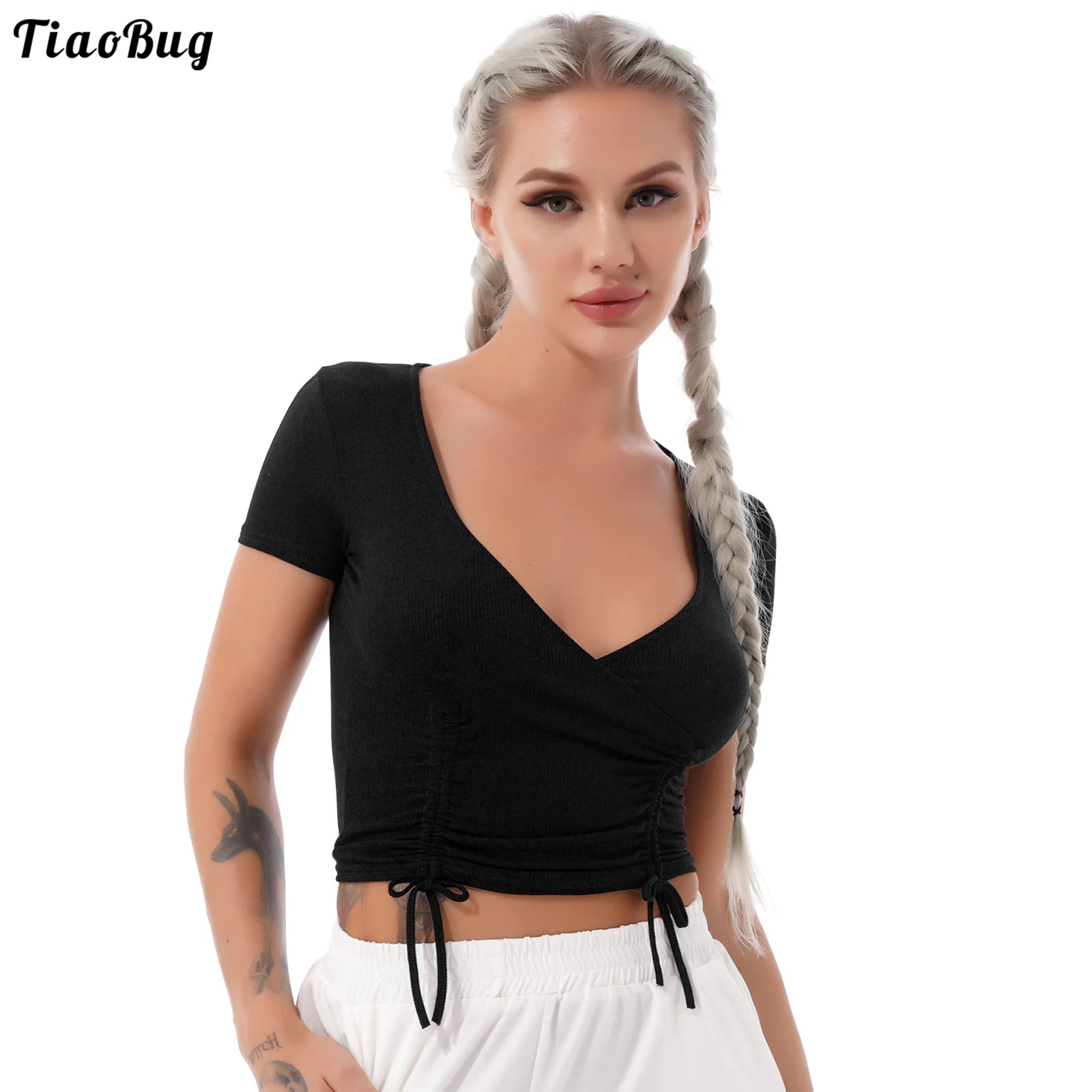 TiaoBug Women Summer Pure Color Deep V Neck Short Sleeves Side Drawstring Cropped T-Shirt Tops For Gym Yoga Sport Fitness