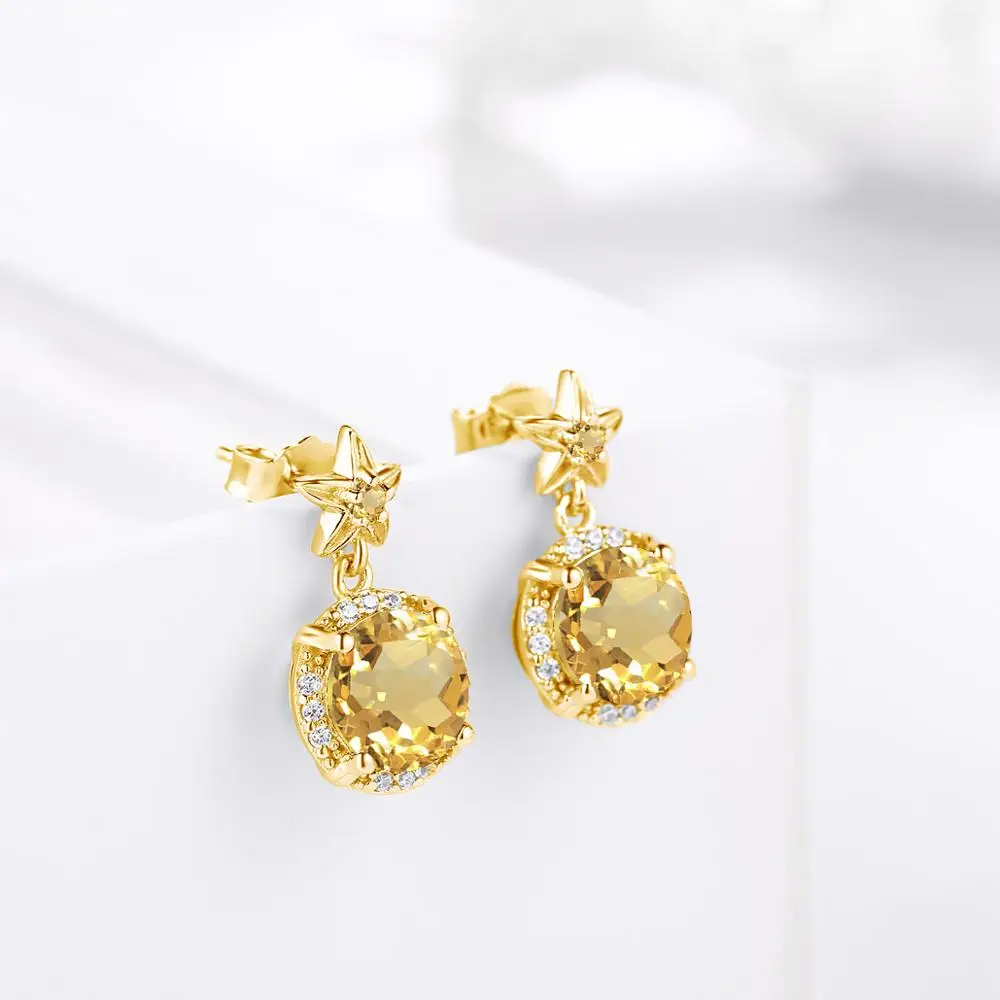 Szjinao Round 14K Gold Natural Citrine Gemstone Stud Earrings Genuine 925 Sterling Silver Fashion Jewelry for Women Pendientes