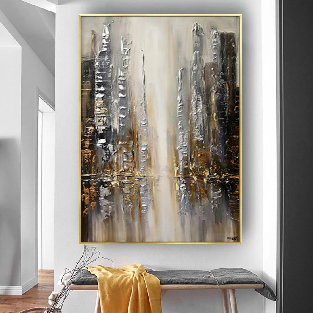 Hand-Painted Canvas Poster Modern City View Abstract Golden Thick Oil Paintings Wall Art Pictures For Home  Living Room Decor
