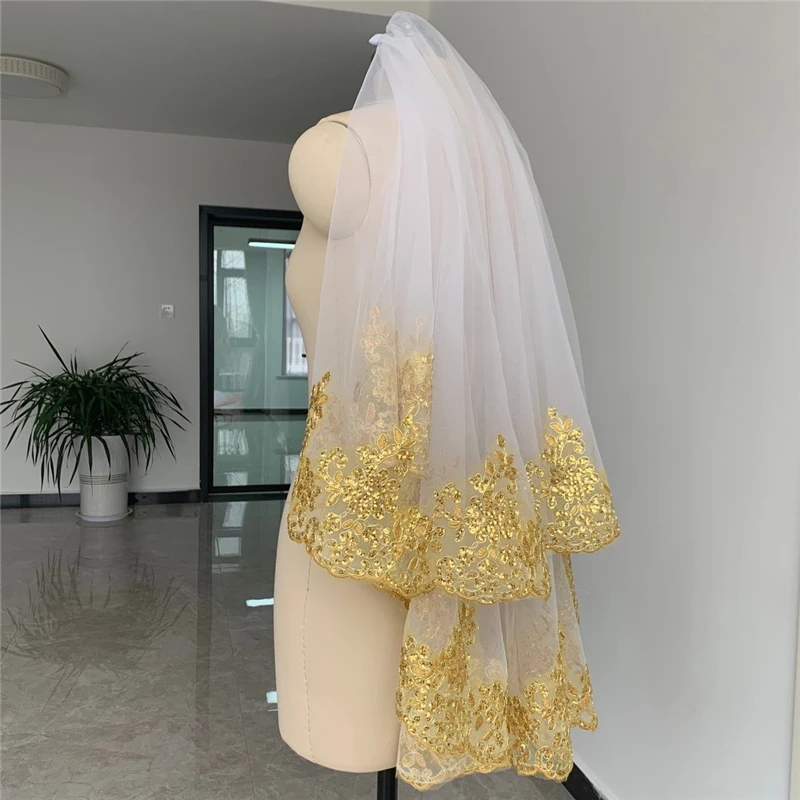 2T Short  Gold Sequins Lace Bridal Veil with Comb Two Layers White Ivory Tulle Wedding Veils Accessories for Brides Elbow Length