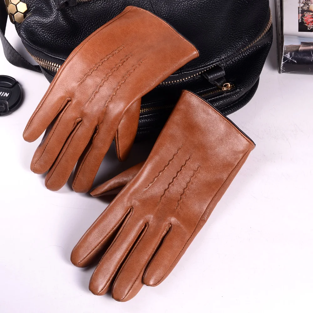 Men\'s Real Leather Vegetable Tanned Leather Winter Warm Tan  Wrist Button Driving Riding Short Gloves