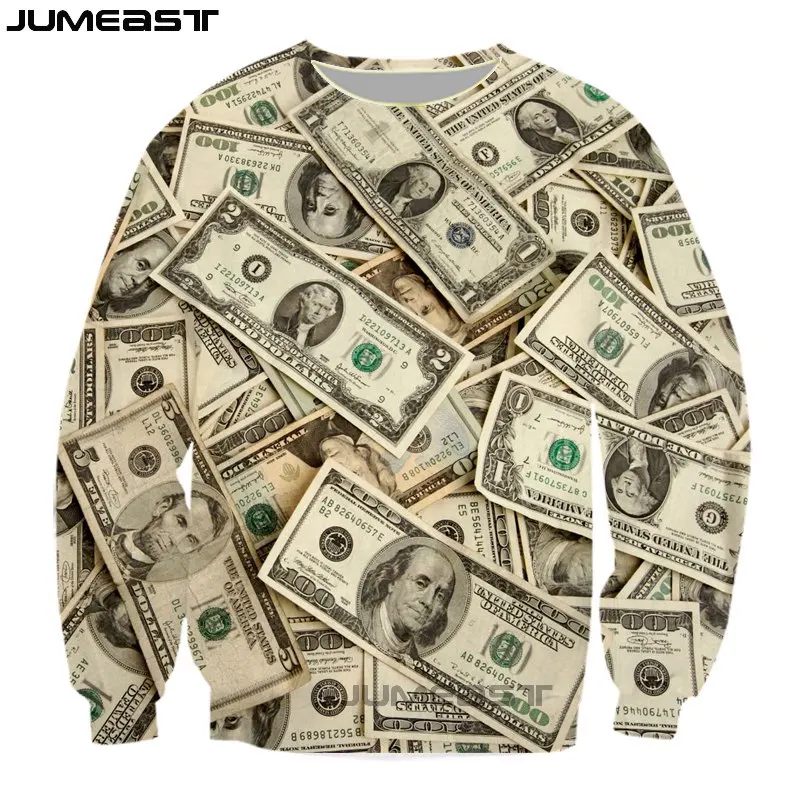 Jumeast Men Women 3D Sweatshirt Money Dollar Banknote Oversized Streetwear Long Sleeve T Shirt Spring Autumn Pullover Tops Tees