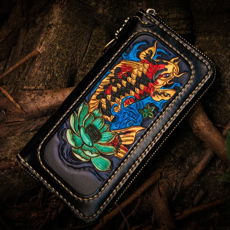 Men Genuine Leather Engraving Wallets Carving Carp Bag Purses Women Long Clutch Vegetable Tanned Leather Wallet